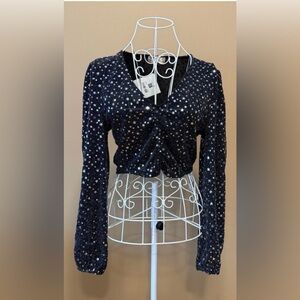 Altar’d State Star Sequin Crop Top Size Large Black Puff Sleeve V-Neck NWT
